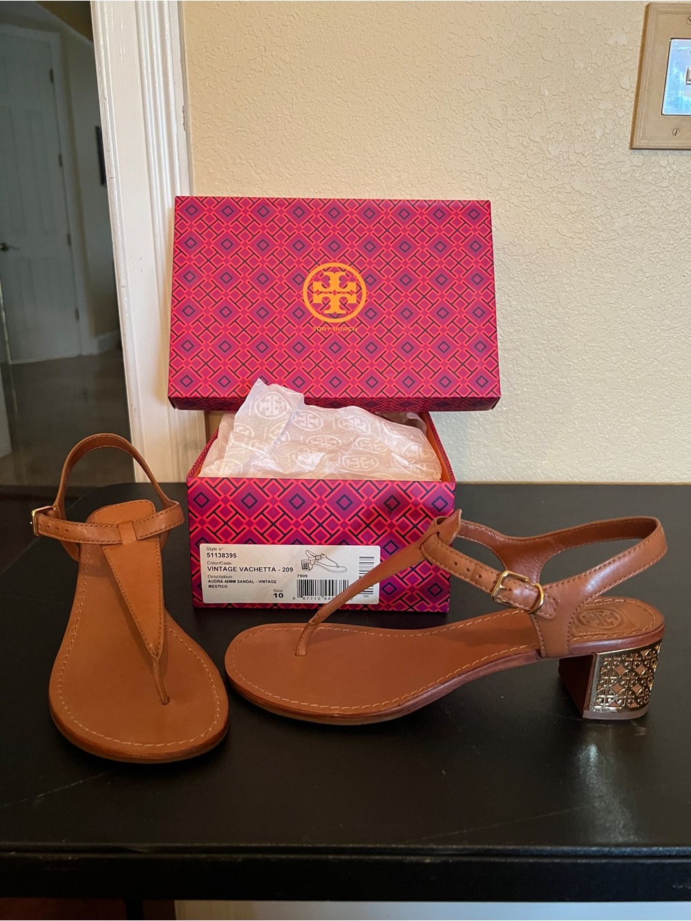 Tory Burch Vachetta Brown Leather T-Strap Sandals with Embellished Block Heel